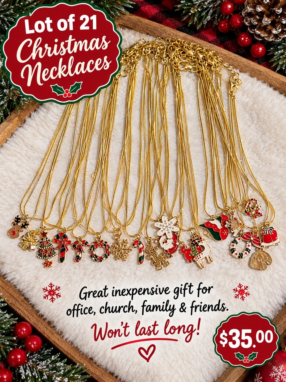 Set of 21 Gold-Tone Christmas Pendant Necklaces - Red & Green Accents
